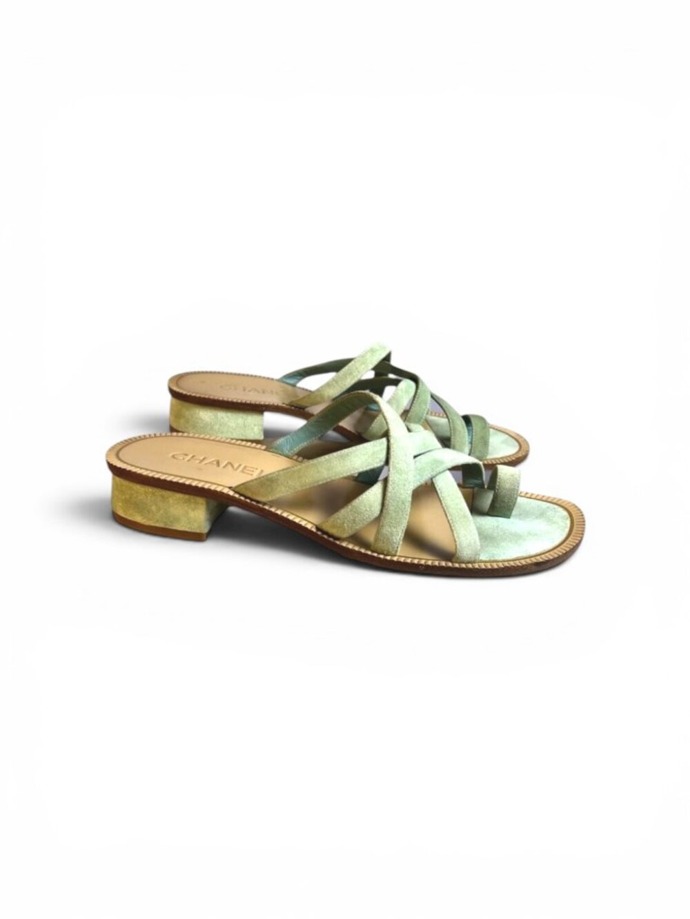 Chanel 18C Paris Greece CC Suede Slide Mule Sandals Seafoam 38.5 Rare - Picture 1 of 9